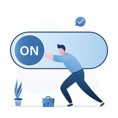 Turn on switch, smart entrepreneur pulling slider. Setting or preference in application. Change status, begin new business, startup. Businessman push setting button switch to on position.