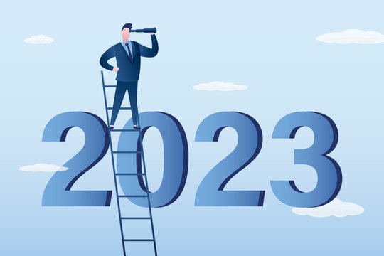 Confident businessman uses spyglass and climb up ladder at year numbers. New year 2023 outlook, economic forecast, future vision. Business opportunity or difficulties ahead, report or analysis.