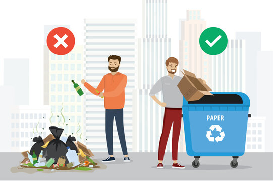 Waste management, littering behavior infographic banner. People dispose of household waste. Various rubbish on floor- improper disposal of waste. Bin with paper garbage - correct.
