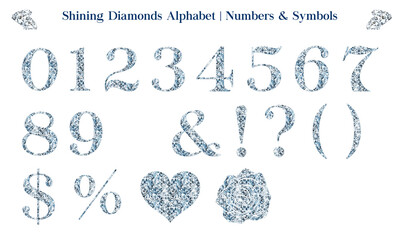 Shining Diamonds Alphabet or Font Set for luxurious and elegant design theme. Includes letters in uppercase and lowercase, numbers, punctuation marks and symbols. 
