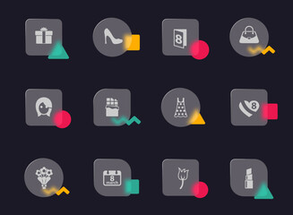 8 march glass morphism trendy style icons. 8 march transparent glass vector icons with color memphis figures. for web and ui design, mobile apps and promo business advertising