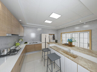 Interior design of modern kitchen, 3D rendering