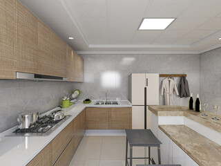 Interior design of modern kitchen, 3D rendering