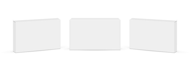 Three Rectangular Packing Medical or Cosmetic Boxes Mockups, Isolated on White Background. Vector Illustration