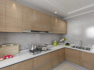 Interior design of modern kitchen, 3D rendering