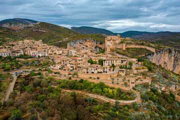 Fototapeta na wymiar Aerial view above Alquezar village in spain, one of the Los Pueblos Más Bonitos de España 