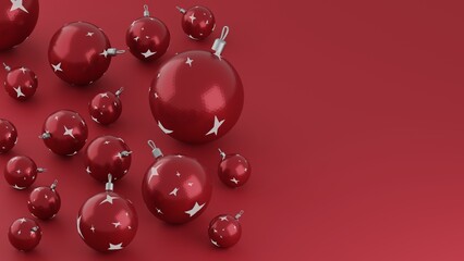 Christmas or New Year background. Christmas decorations on red background with copy space. Christmas backdrop for cover or invitation. 3d illustration