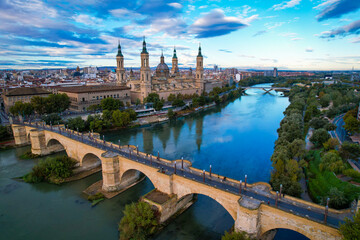 Aerial view just after sunrise of the beautiful city of Zaragoza and the Basílica de Nuestra Señora del Pilar