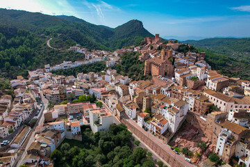 Aerial view of one of los pueblos más bonitos de España , Vilafamés in the province of...