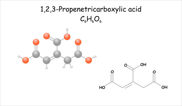 Stylized molecule model/structural formula of 1,2,3-propenetricarboxylic acid. Occurs in Aconitum napellus.
