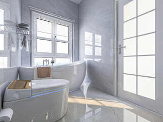 Bathroom interior design with bathtub and toilet, 3D rendering