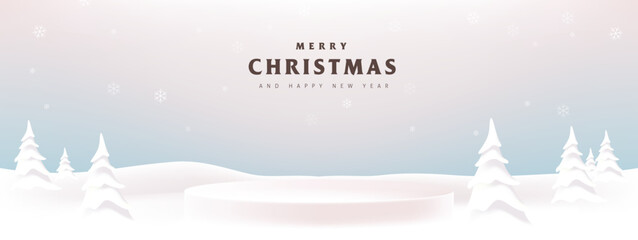 Merry Christmas banner winter landscape background snow product display cylindrical shape