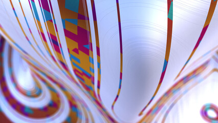 3D rendering of abstract object with pixelated colorful plaid pattern mixed with white stripes. A modern or contemporary background