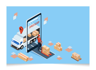 3D isometric Logistics and Delivery services concept with People delivering a box to a customer at home or office. Vector illustration eps10