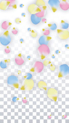 Vector Realistic Colorful Petals Falling on Transparent Background.  Spring Romantic Flowers Illustration. Flying Petals. Sakura Spa Design. Blossom Confetti. Design Elements for Wedding Decoration.