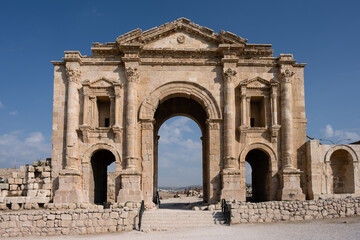 Arch of Hadrian, a triple arched Ancient Roman Gateway in Jerash, formerly Gerasa, Jordan