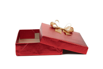 Red gift box with gold ribbon bow.