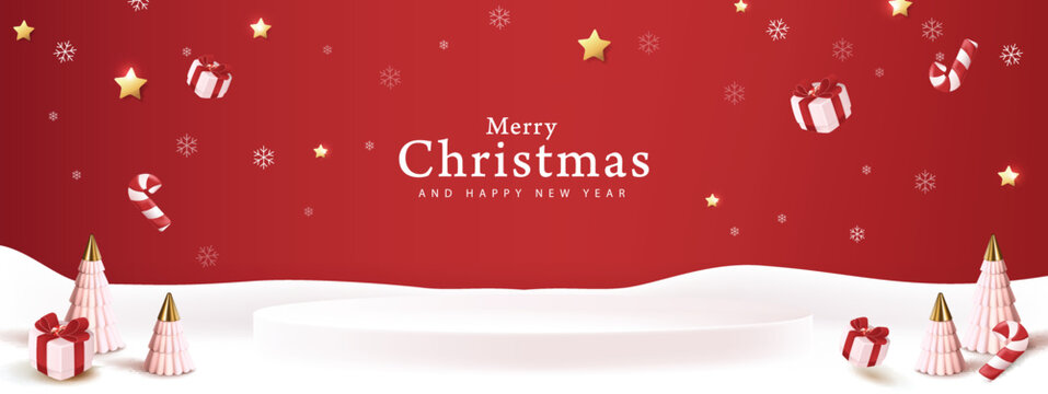 Merry Christmas banner winter landscape background and snow product display cylindrical shape