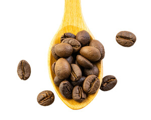 Roasted Robusta coffee beans in wooden spoon isolated on a white background. Top view