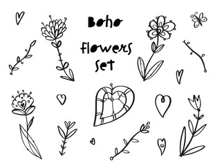Vector boho flowers decorative set - doodles, black lines on white. Retro style.
