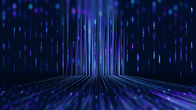 Futuristic digital binary information data and streaming binary code in background. Online security 3D seamless loop video network concept with digits coding artificial intelligence.