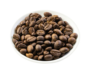 Roasted coffee beans in a ceramic bowl isolated on a white background. Top view.
