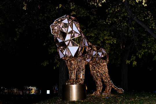11.03.22 Budapest Hungary, The Lumina park is the light exhibition in Budapest, on Margit island in Palatinus beach. Showing us the famous icons things of the world