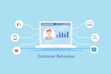 Customer behaviour tracking - collecting data, showing ads and engaging customer for purchase decision illustration. - obrazy, fototapety, plakaty