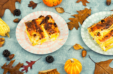 Autumn pumpkin pie, homemade tart.