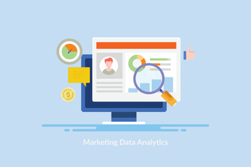 Business analytics shows data driven report, improving marketing performance and customer sales crm solution illustration.