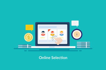 Hand selecting freelancer candidate for new project on internet, business hiring people online, job salary concept.