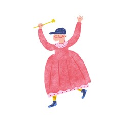 Queer cute character in a dress and a baseball cap and with a magic wand