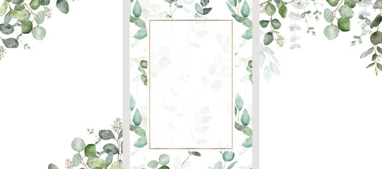 Watercolor eucalyptus frame border set. Greenery, leaves,foliage, floral illustration. Wedding stationary, wall art, greeting card, invitation, birthday party design.