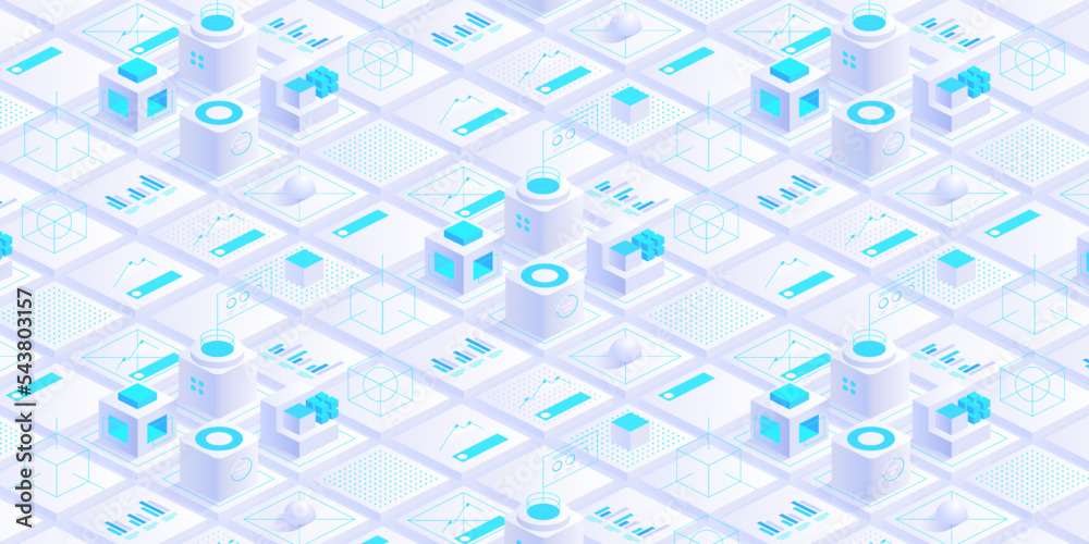 Poster Isometric digital blocks or cubes. Digital cyberspace and data network connections concept. Cloud network. IOT ai science. Future technology abstract background concept. Vector illustration