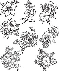 wildflower bundle, botanical bundle, floral, flower, botanical clipart, flower clipart, set of black and white flowers
