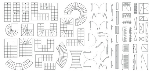 Vector set. Architectural elements for the floor plan. Top view. Stairs, doors, windows, cabinets. View from above. - 543805389