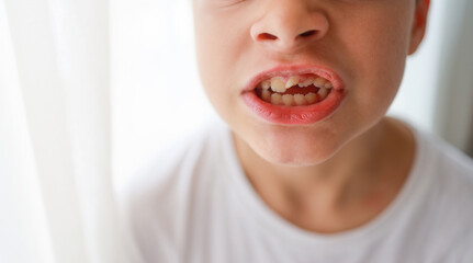 Child Open Bite or Maloccusion due to thumb sucking. Close up of youngster face with crooked teeth before install braces