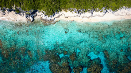 Aerial top view of the atlantic coast of Long Island, Bahamas, Caribbean Sea, with sandy beaches and turquoise sea