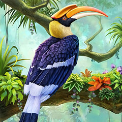 Obraz premium illustration of a hornbill on a tree in the jungle 