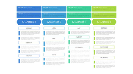 Infographic business year plan tenmplate and breakdown details 4 quarter can be use for a presentation about business plan.