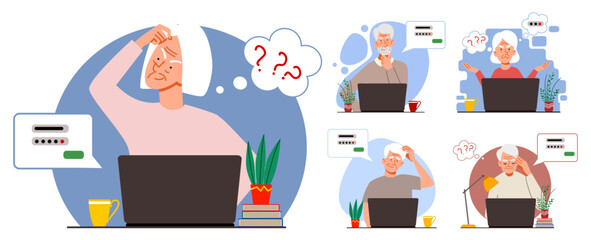 set of Concepts of an elderly man thinking on a laptop. The old woman forgot the password and login from the account on the web page. Vector illustration in a flat style.