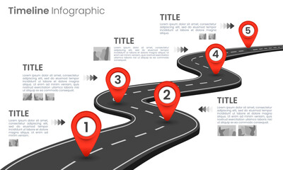 Business road map timeline infographic five points. Milestone, presentation, information. Vector illustration.