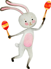 Cute cartoon animal marching band illustration. Watercolor cheerful funny musicians, bear, hare, fox isolated on white. Kids party card, greeting, banner, print, poster