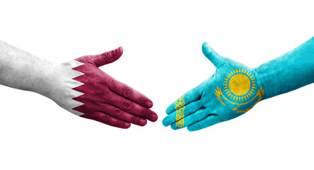 Handshake between Kazakhstan and Qatar flags painted on hands, isolated transparent image.