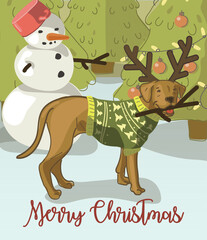 A cute Christmas, New Year card with a dog and gnawing a branch from a snowman. Chaos on the street on New Year's Eve. Funny story in pictures. Suitable for printing on clothes and on postcards.