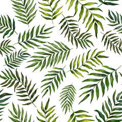 Naklejka na ściany i meble Watercolor seamless pattern with palm leaves. Beautiful allover tropical print with hand drawn exotic plants. Swimwear botanical design. 
