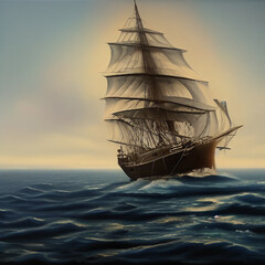 Fototapeta na wymiar Ship At Sea Oil Painting