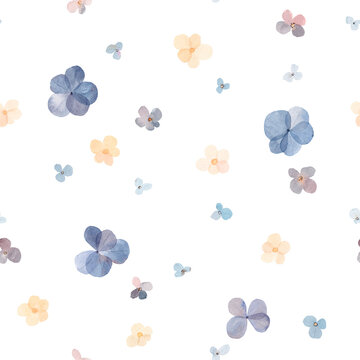 Watercolor seamless pattern with cute blue and yellow flowers. Watercolor textile illustration on white background. Summer print. Floral seamless pattern.