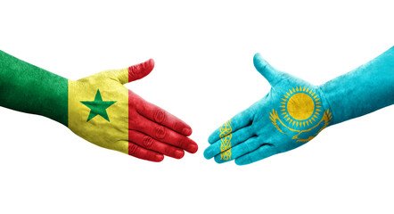 Handshake between Kazakhstan and Senegal flags painted on hands, isolated transparent image.