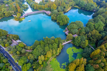 Aerial photography of Chinese garden landscape of West Lake in Hangzhou, China